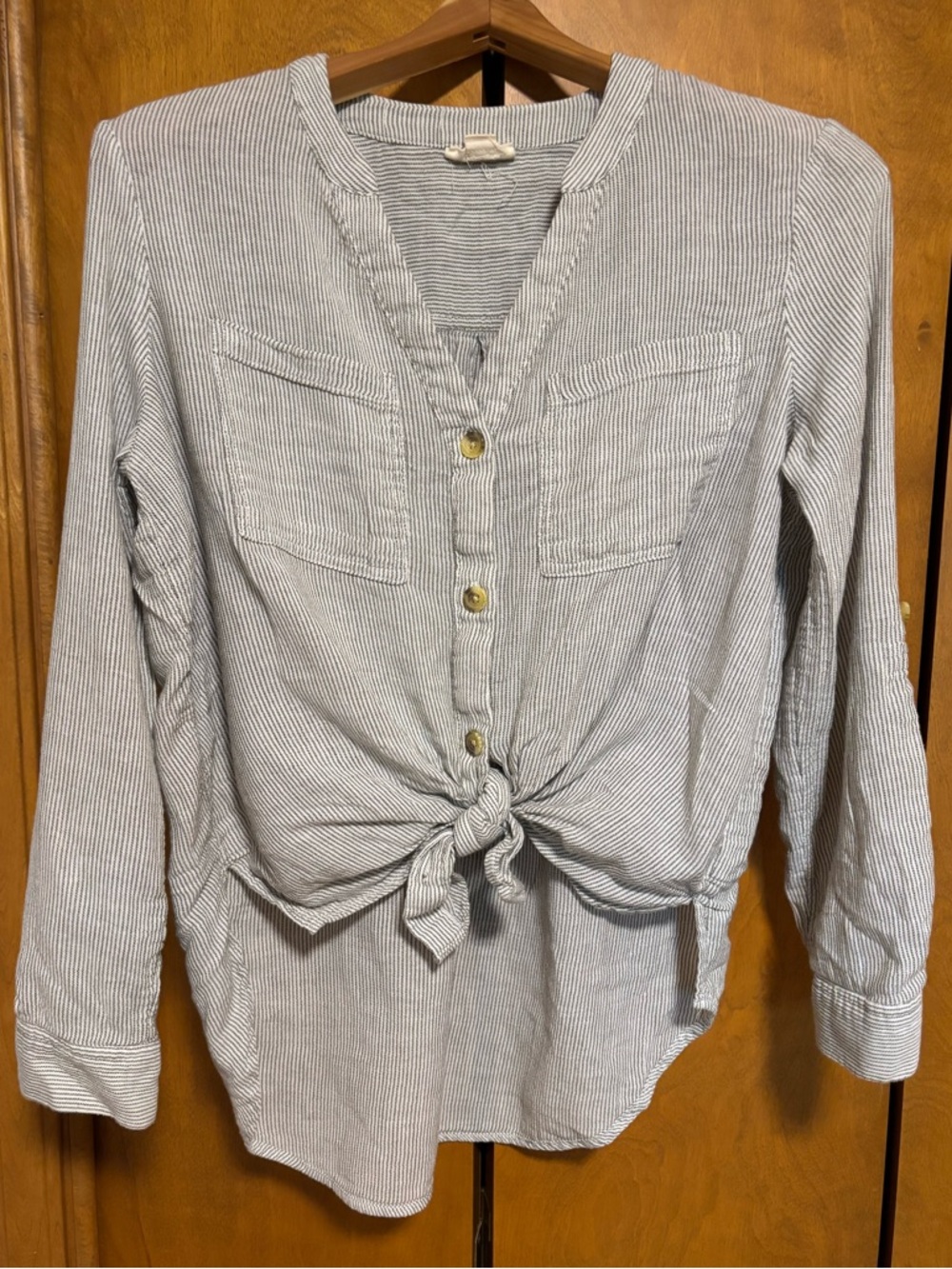 a.n.a Striped Tie Knot Front Long Sleeve Women's Top - Light Grey & White